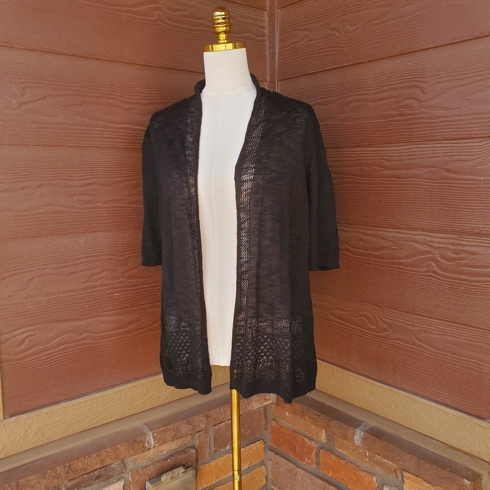 Charter Club Black Open Front Duster Crochet Cardigan Sweater Women's Size Large
